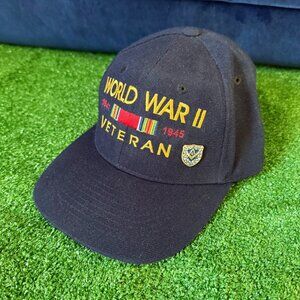 World War II Veteran Baseball Black Hat Cap Size OS with Masonic Metal Pin